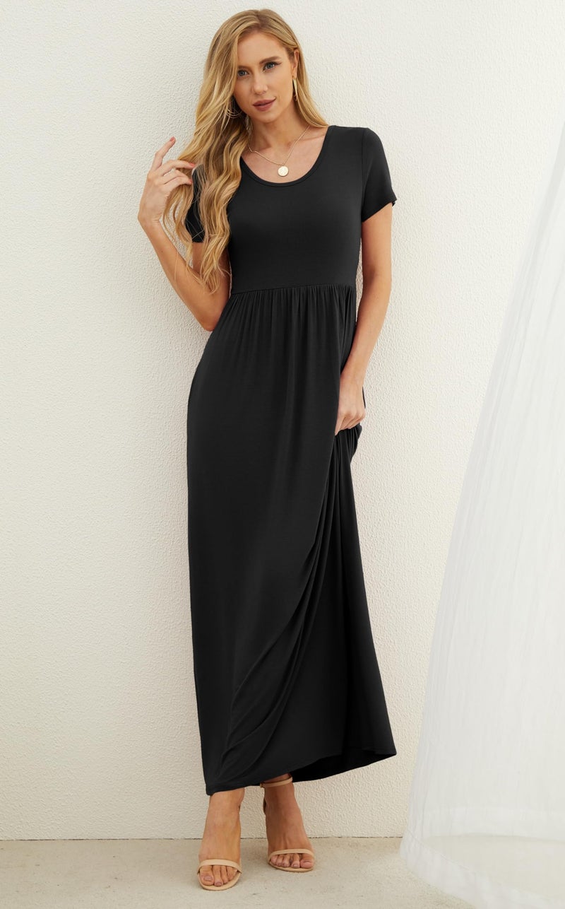 GRECERELLE Women Summer Crew Neck Casual Short Sleeve Long Maxi Dress with Pockets, Black, S - Image 2